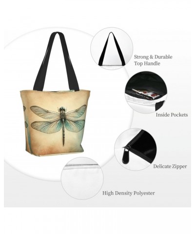 Women Shoulder Bag Grunge-Vintage-Dragonfly Foldable Tote Bag With Zipper Closure Casual Shopping Purse Daily Bag $16.98 Totes