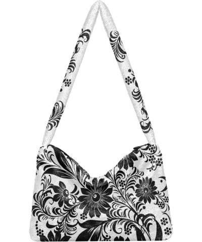 Black Flower Shoulder Tote Bags for Women Furry Crossbody bag Hobo Handbag Purses for University Teen Girls $8.40 Totes