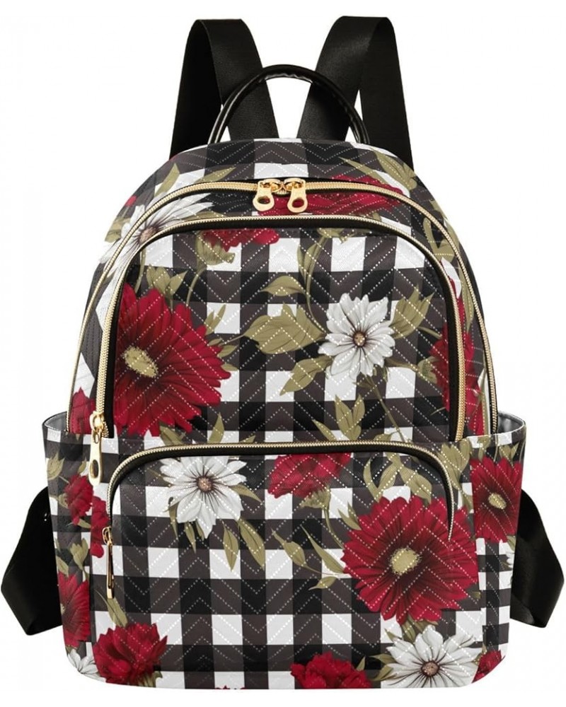 Lady Daisies Women Stylish Backpack, Women's Travel Backpack, Backpack for Adults, S Floral Red Flowers on Black and White Gi...