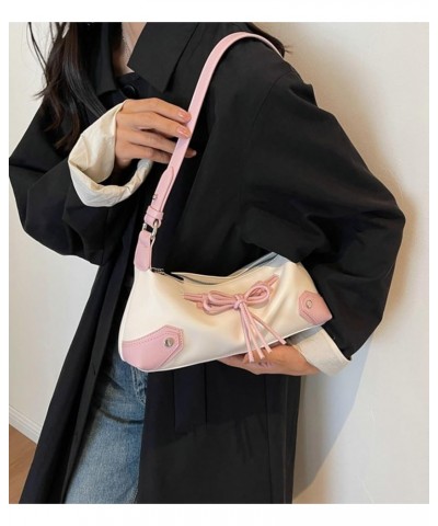 Y2k Shoulder Handbag Women Bow Tie Cross Body Bag Trendy Underarm Bags Contrast Color Gloss PU Purse Satchel Bag Beige-pink $...