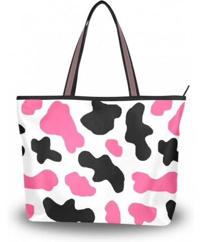 Pink Milk Cow Print Handbags for Women Fashion Tote Bags Shoulder Bag for School Travel Work Shopping $9.66 Totes