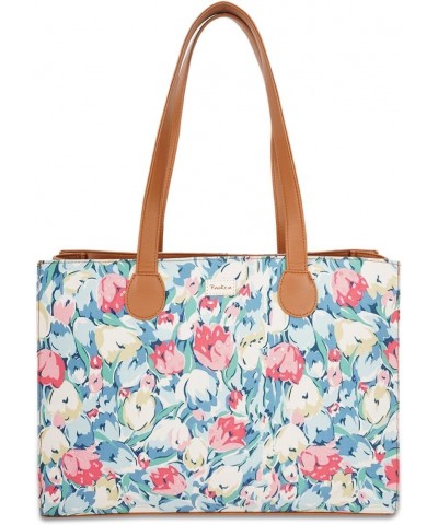 Handcrafted Vegan Leather Office Tote Bag For Women Tulip Garden Themed Printed Canvas Tan Coloured Tote Bag $29.54 Totes