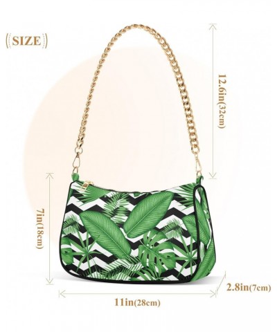 Women Chain Shoulder Purse Bag With Zipper Spring Jungle Leaves Print, Hobo Tote Clutch Handbags with Chain Strap $13.63 Totes