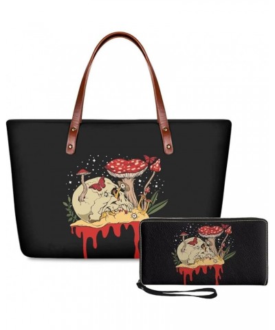 Handbags for Women Large Capacity Crossbody Totes with Wallet Clutch 2pcs Set Hippie Mushroom Skull Design $29.76 Shoulder Bags