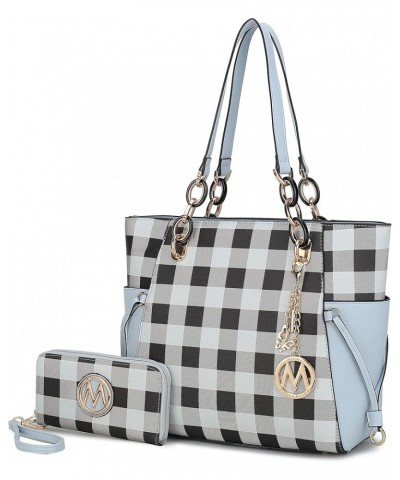 2-PC Set Tote Satchel Bag for Women & Wristlet Wallet Purse, PU Leather Handbag Pocketbook Checker Light Blue $30.80 Satchels