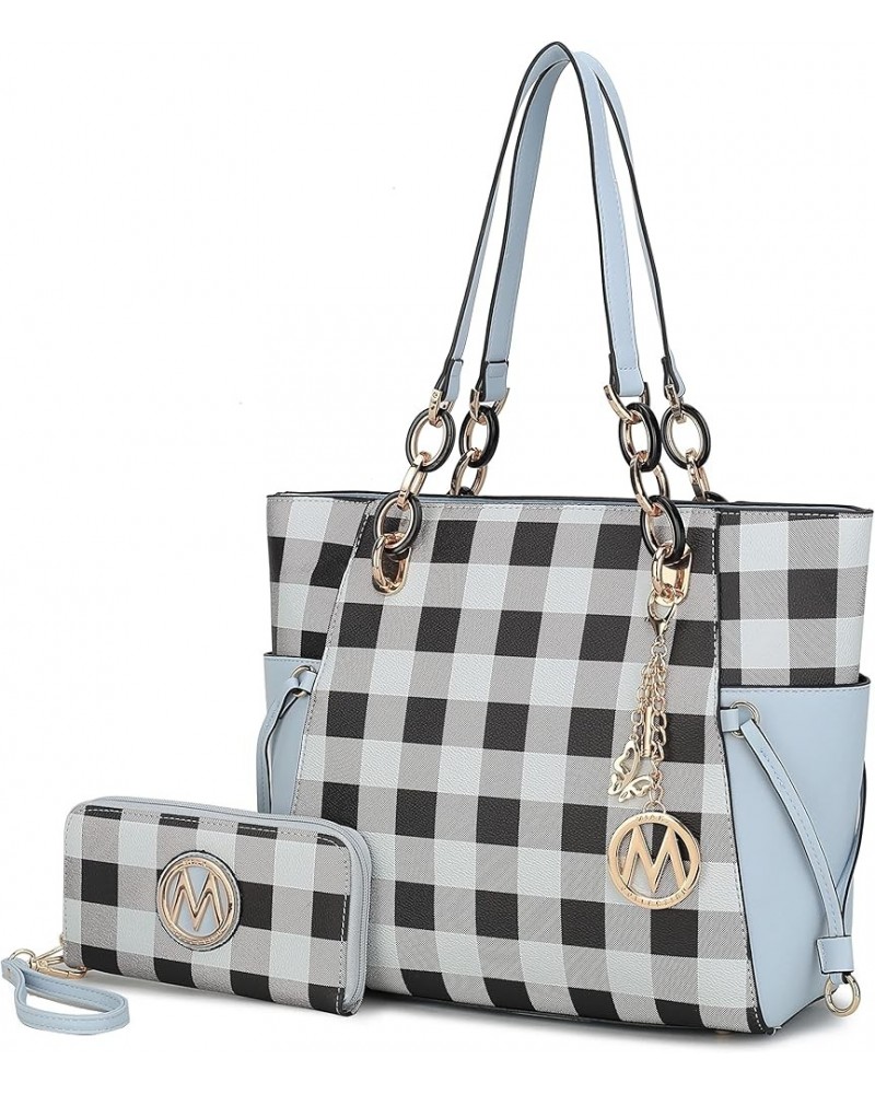 2-PC Set Tote Satchel Bag for Women & Wristlet Wallet Purse, PU Leather Handbag Pocketbook Checker Light Blue $30.80 Satchels