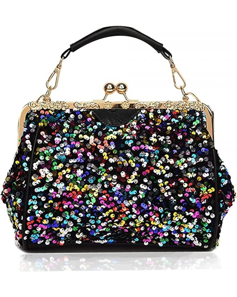 Sequin Purse for Women Kiss Lock Handbag Evening Party Top-Handle Shoulder Bag Black-sequin $20.15 Evening Bags