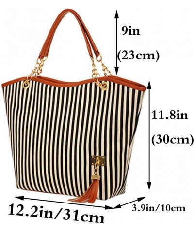 Women Tassel Canvas Handbag Purse Stripes Tote Fashion Shoulder Bag Large Capacity Satchel(Blue Stripe) Black White Stripe $2...