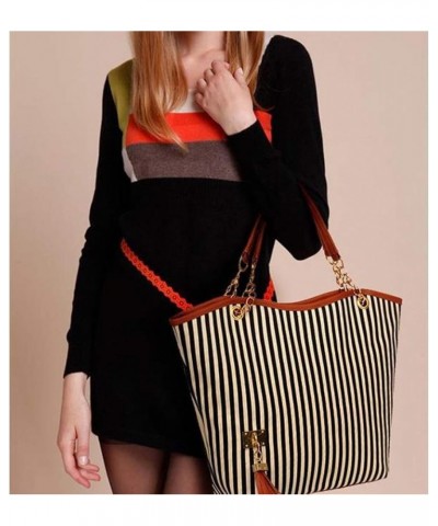 Women Tassel Canvas Handbag Purse Stripes Tote Fashion Shoulder Bag Large Capacity Satchel(Blue Stripe) Black White Stripe $2...