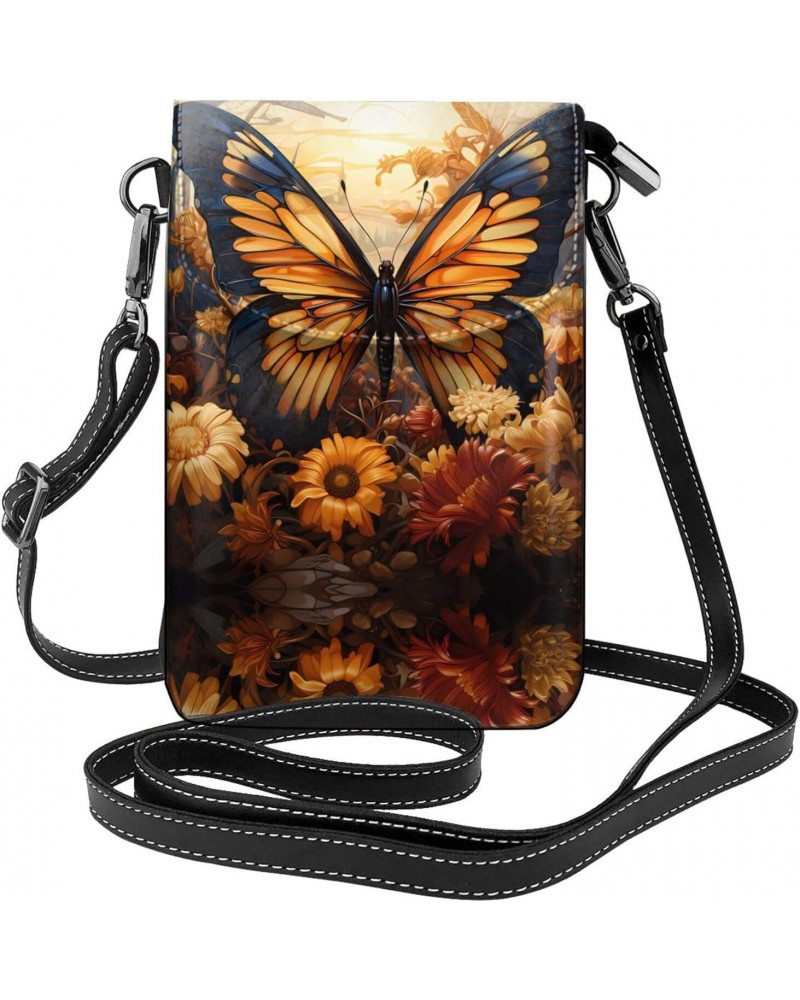 women leather Cell Phone Purse orange yellow butterfly field flowers pattern Soft, durable and waterproof PU leather Convenie...