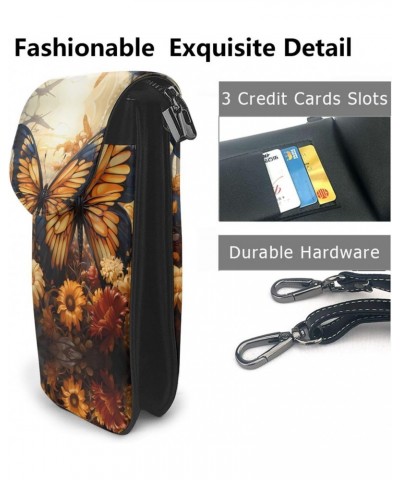 women leather Cell Phone Purse orange yellow butterfly field flowers pattern Soft, durable and waterproof PU leather Convenie...