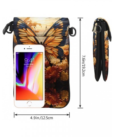 women leather Cell Phone Purse orange yellow butterfly field flowers pattern Soft, durable and waterproof PU leather Convenie...