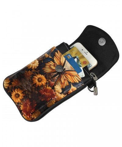 women leather Cell Phone Purse orange yellow butterfly field flowers pattern Soft, durable and waterproof PU leather Convenie...