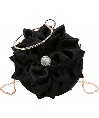 Women Rose Shaped Clutch Soft Satin Wristlet Handbag Wedding Party Purse(Medium) Z-round Black $17.59 Evening Bags