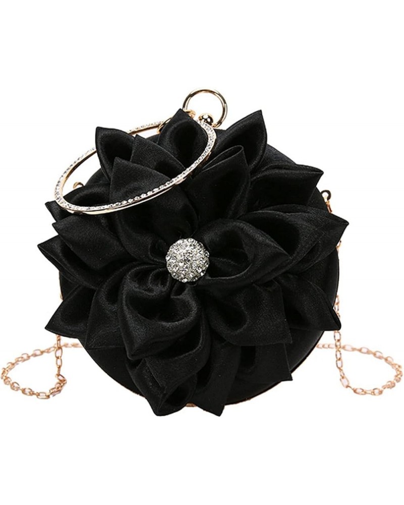 Women Rose Shaped Clutch Soft Satin Wristlet Handbag Wedding Party Purse(Medium) Z-round Black $17.59 Evening Bags