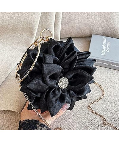 Women Rose Shaped Clutch Soft Satin Wristlet Handbag Wedding Party Purse(Medium) Z-round Black $17.59 Evening Bags