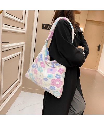 Japanese Kawaii Plush Shoulder Bag Y2k Flower Print Hobo Bags for Women Fluffy Purse for Autumn and Winter White $10.19 Hobo ...