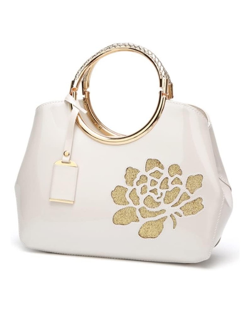 Top-handle Handbags Purse for Women Embroidered Flower Pattern Patent PU Tote Shoulder Bag Satchel A White $18.53 Totes