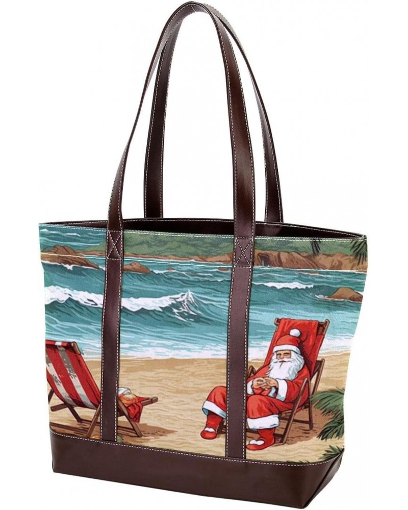 Santa Claus Canvas Leather Mix Handbag - 13.3x4.7x12.2 in - Stylish and Durable Women's Satchel Bag $23.64 Satchels