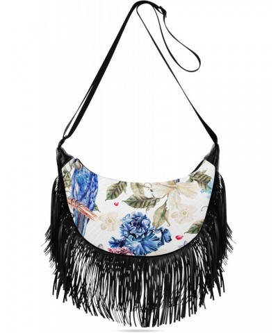 Tropical-flowers-parrot Women Tassel Fringe Shoulder bag, Fringe Purse Crossbody, Women Tassel Hobo Bag with Zipper $12.39 Ho...