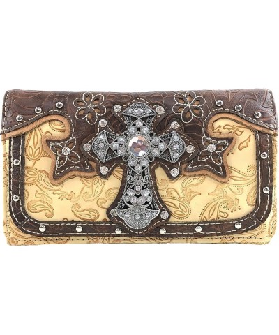 Paisley Embroidery Floral Tooled Leather Rhinestone Cross Shoulder Concealed Carry Handbag Purse Beige Wallet $32.26 Shoulder...