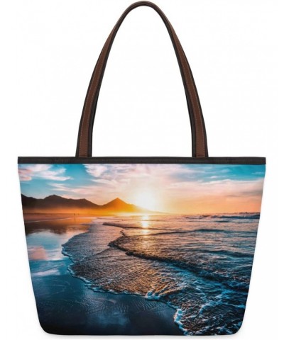 Summer Beach Sunset Horizon Large Tote Bag For Women Shoulder Handbags with Zippper Top Handle Satchel Bags for Shopping Trav...