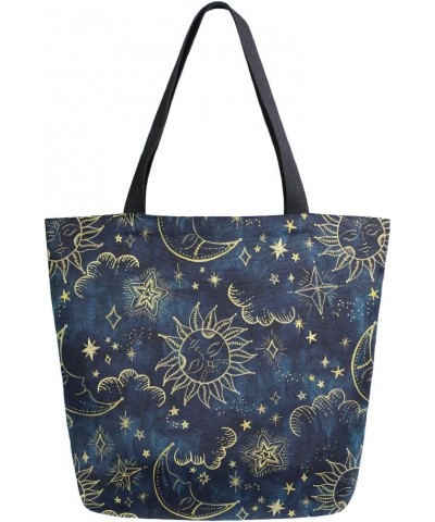 Sun Moon Boho Witchy Astrology Large Canvas Tote Bag Shopping Shoulder Handbag with Small Zippered Pocket $11.87 Totes