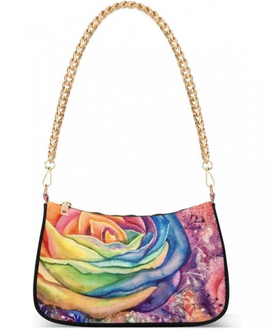 Women Chain Shoulder Purse Bag With Zipper Romantic Rainbow Roses Flowers Print, Valentine's Day Hobo Tote Clutch Handbags wi...