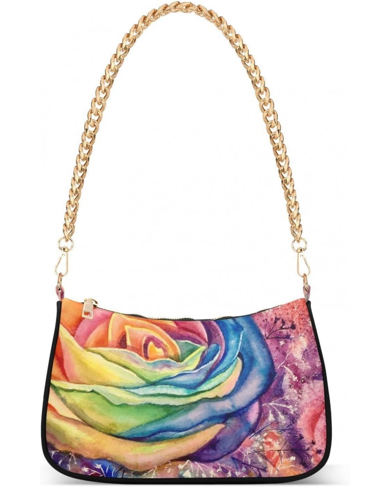 Women Chain Shoulder Purse Bag With Zipper Romantic Rainbow Roses Flowers Print, Valentine's Day Hobo Tote Clutch Handbags wi...