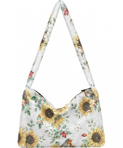 Sunflower Birds Fluffy Tote Bag Crossbody Bags Handbag Shoulder Bag Purse for Women Gift Work with Zipper $10.08 Totes