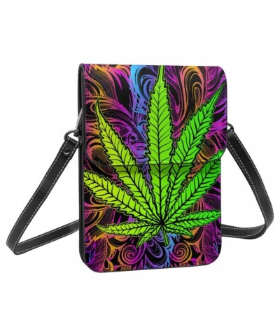 Psychedelic Marijuana-Leaves neon Color Crossbody Cell Phone Purse for Womens Lightweight Small Soft Leather Fashion Travel W...