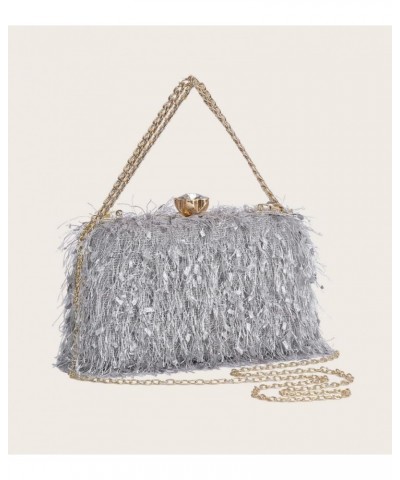 Clutch Purse for Women Cute Fluffy Evening Handbags Shoulder Bag for Wedding Party Banquet Silver $12.31 Evening Bags