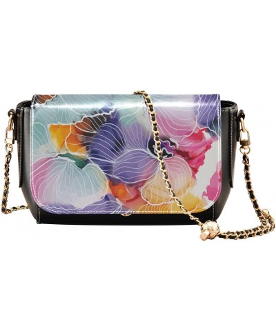 Women's Crossbody Handbags Leather Shoulder Bags Wallet Black Flap (Colorful Watercolor Flowers) Print Adjustable Chain Strap...