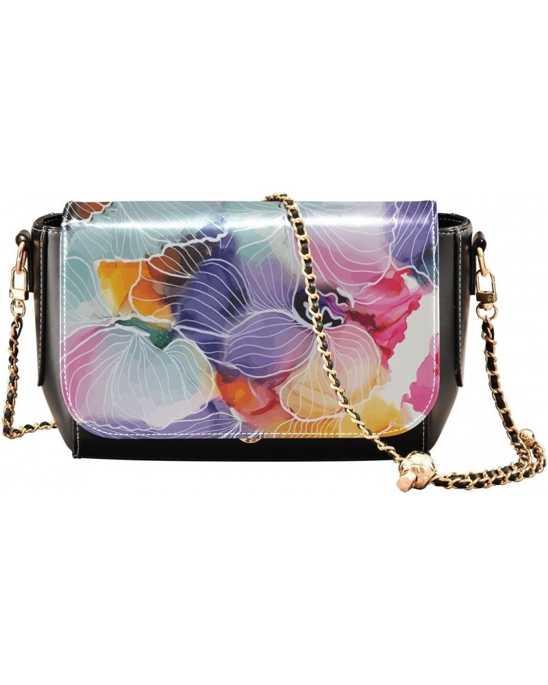 Women's Crossbody Handbags Leather Shoulder Bags Wallet Black Flap (Colorful Watercolor Flowers) Print Adjustable Chain Strap...