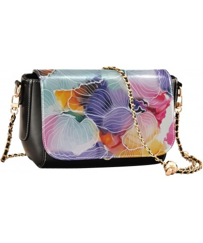 Women's Crossbody Handbags Leather Shoulder Bags Wallet Black Flap (Colorful Watercolor Flowers) Print Adjustable Chain Strap...