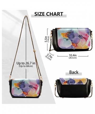 Women's Crossbody Handbags Leather Shoulder Bags Wallet Black Flap (Colorful Watercolor Flowers) Print Adjustable Chain Strap...