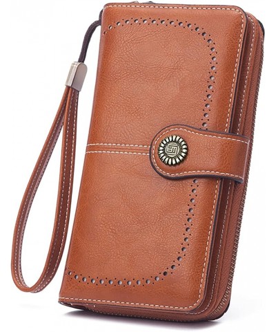 Oil Wax Leather Wallets for Women, Large Capacity Clutch, Ladies Long Purse with Wristlet (Yellow) Brown $19.02 Totes