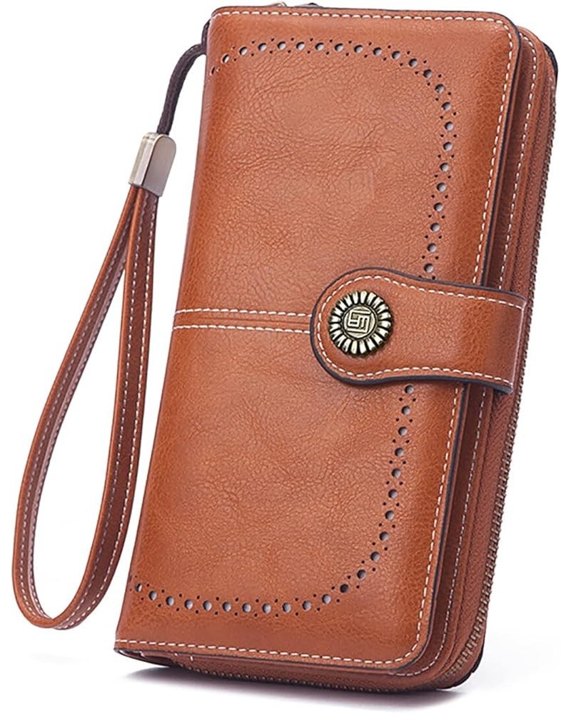 Oil Wax Leather Wallets for Women, Large Capacity Clutch, Ladies Long Purse with Wristlet (Yellow) Brown $19.02 Totes