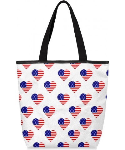 Heart American Flag Canvas Tote Bag for Women Shoulder Bag Canvas Handbags Purse with Zipper Pockets College Book Tote Bag Wo...