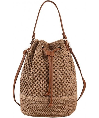 Straw Bucket Bag, Summer Beach Handmade Tote Bag, Woven Rattan Raffia Wicker Basket Purse with Pearl Flower for Women Brown $...