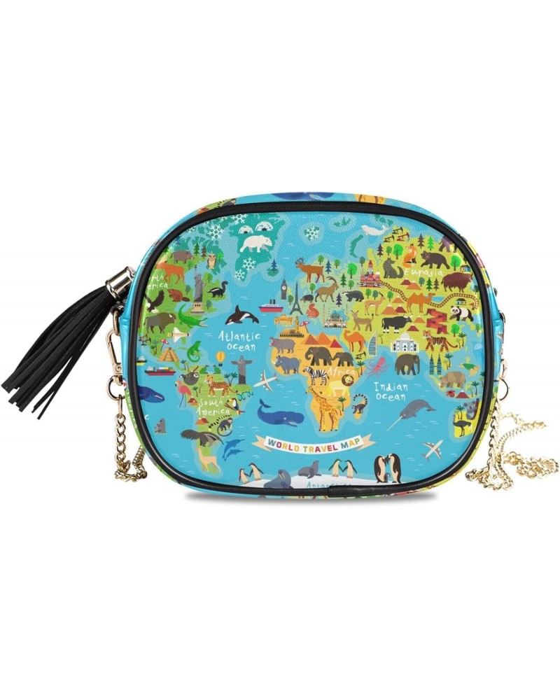 Women's Animal Map World Children Crossbody Bag Fashion Purses Bag Cross Body Bag Shoulder Handbag with Adjustable Chain Stra...