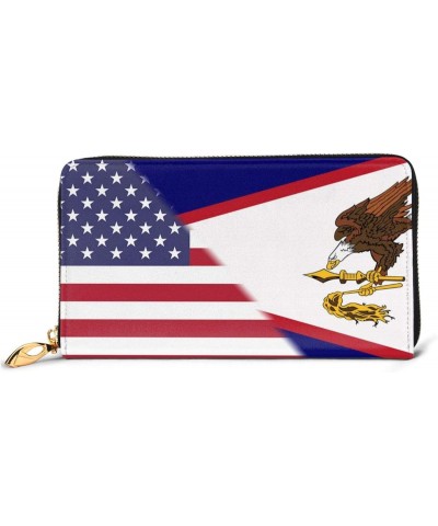 American Flag And American Samoas Flag Ladies Long Wallet Genuine Cowhide Zip Closure Card Slot Wallet $20.71 Wallets