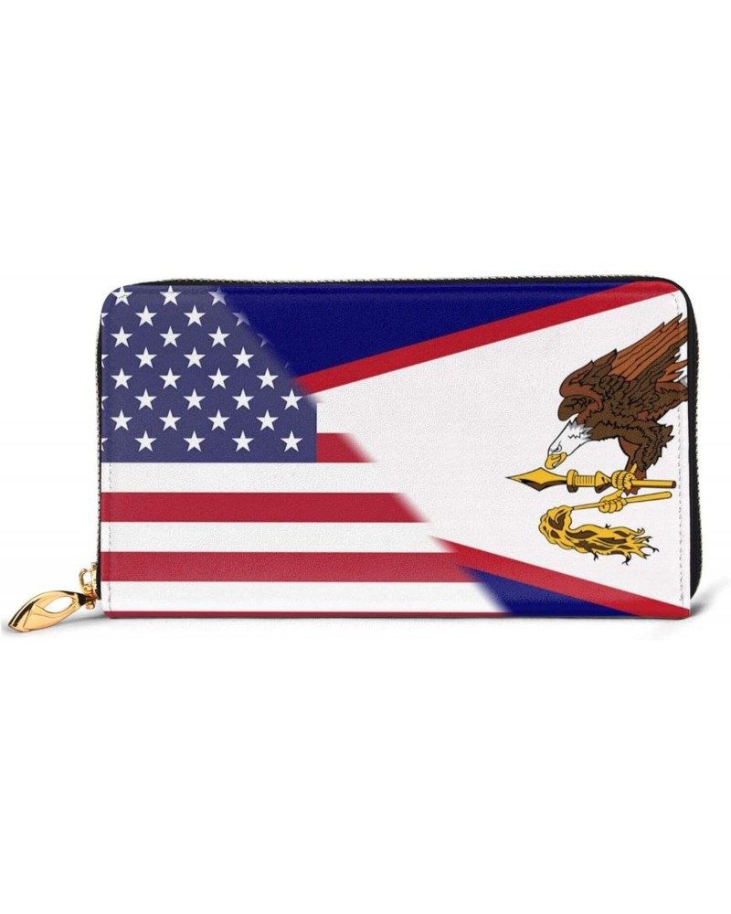 American Flag And American Samoas Flag Ladies Long Wallet Genuine Cowhide Zip Closure Card Slot Wallet $20.71 Wallets