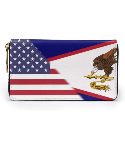 American Flag And American Samoas Flag Ladies Long Wallet Genuine Cowhide Zip Closure Card Slot Wallet $20.71 Wallets