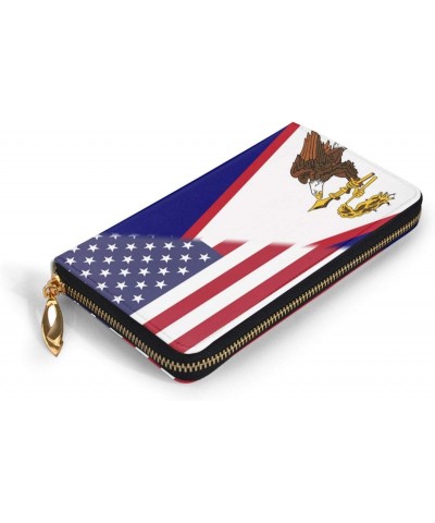 American Flag And American Samoas Flag Ladies Long Wallet Genuine Cowhide Zip Closure Card Slot Wallet $20.71 Wallets