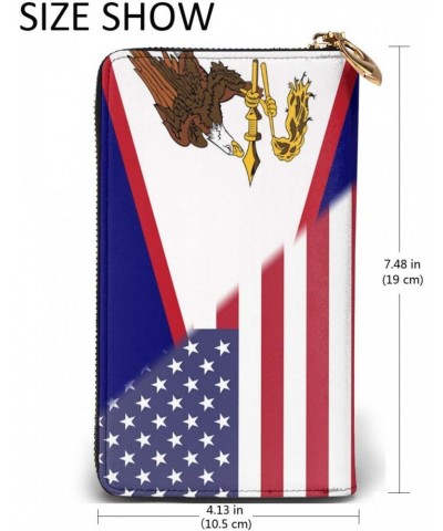 American Flag And American Samoas Flag Ladies Long Wallet Genuine Cowhide Zip Closure Card Slot Wallet $20.71 Wallets