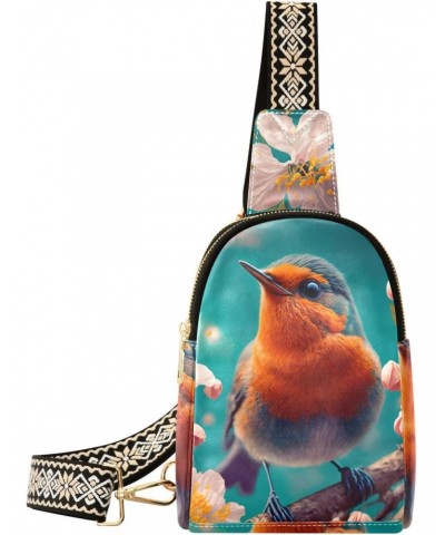 Women's Sling Bag Bird Spring Flower Print with Adjustable Strap Zipper Closure, PU Leather Water Resistant Crossbody Bag Pur...