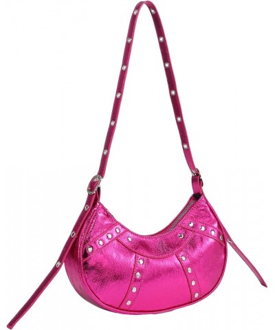 Women's Y2k Purse Studded Pleated Hobo Shoulder Bag PU Leather Clutch Handbag Hot Pink $14.50 Shoulder Bags