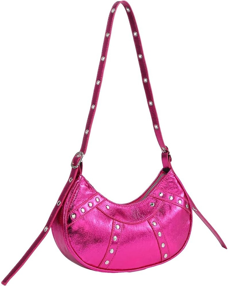 Women's Y2k Purse Studded Pleated Hobo Shoulder Bag PU Leather Clutch Handbag Hot Pink $14.50 Shoulder Bags