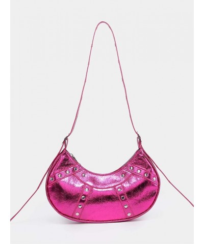 Women's Y2k Purse Studded Pleated Hobo Shoulder Bag PU Leather Clutch Handbag Hot Pink $14.50 Shoulder Bags